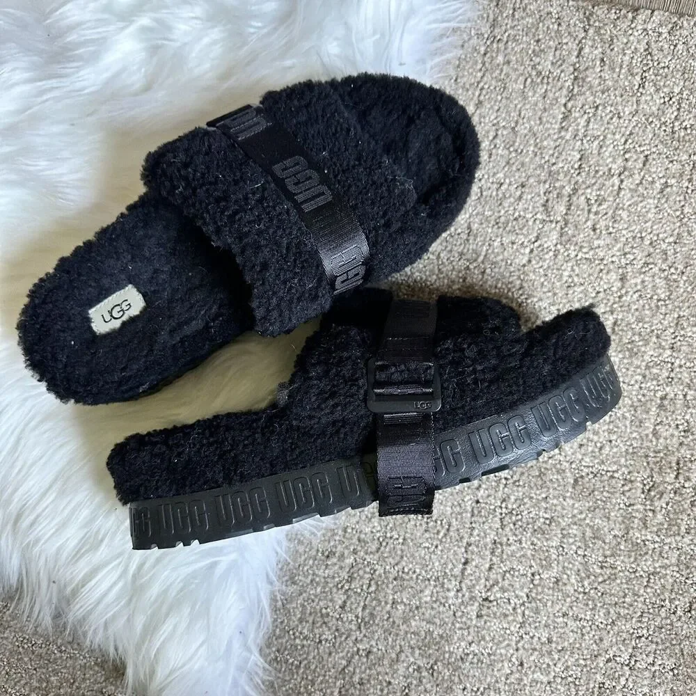 Ugg Australia Women's Black Fluffy Platform Sandals shoes sz 11 - Picture 4 of 7